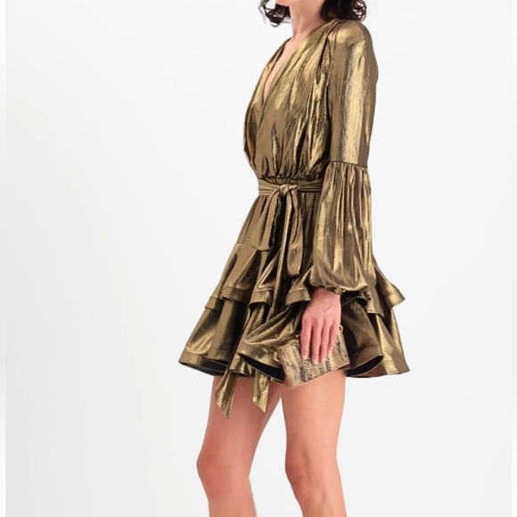 Bronx & Banco Gold Metallic Ruffled Mini Dress w Long Sleeves UK10 NEW